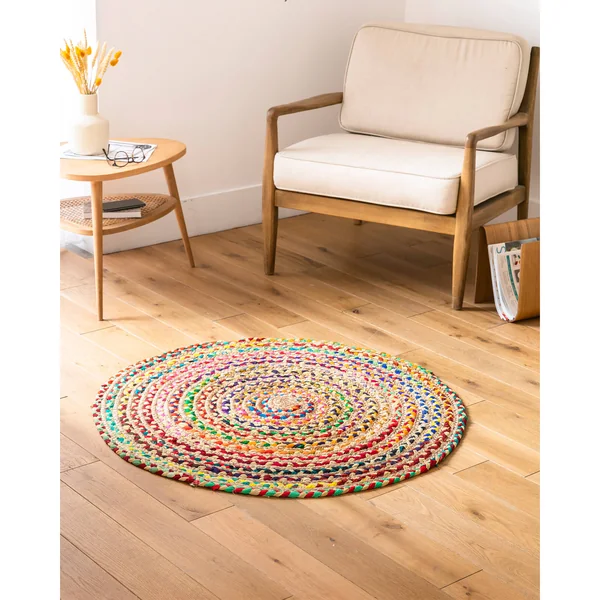 Tapis rond en jute et coton, multicolore