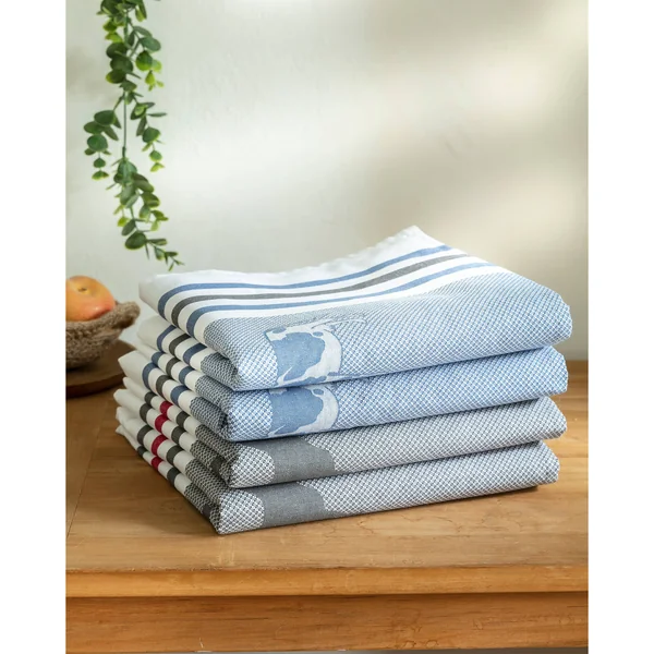 Torchons motif poule et vache - lot de 4, bleu + gris