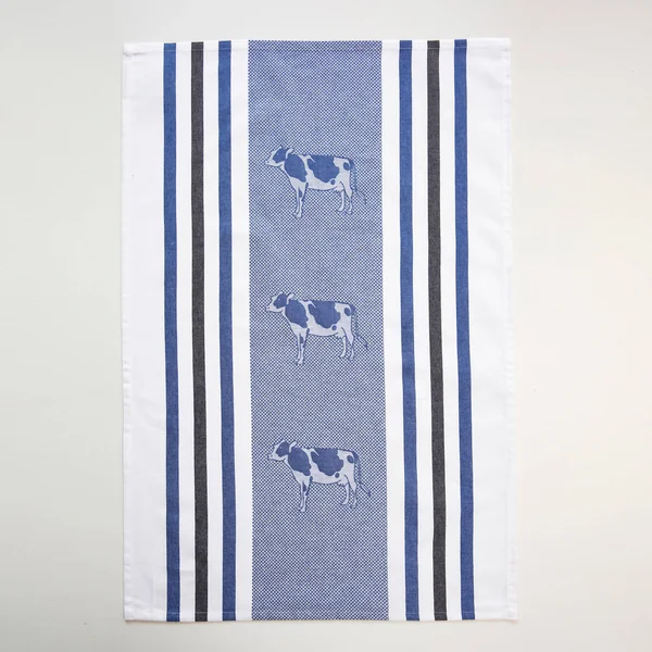 Torchons motif poule et vache - lot de 4, bleu + gris