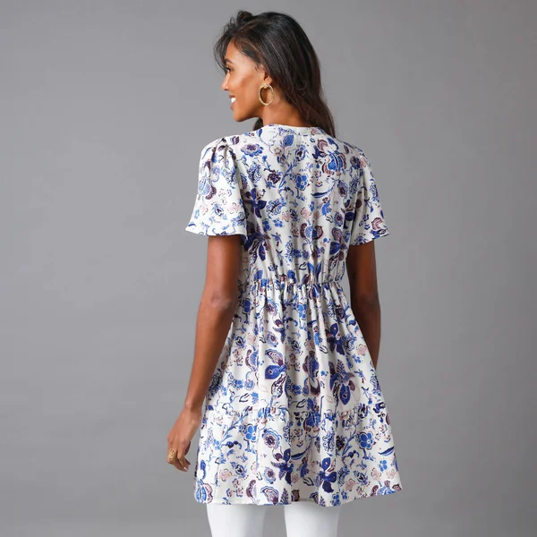 Tunique col tunisien brodé, imprimé fleuri, blanc / bleu