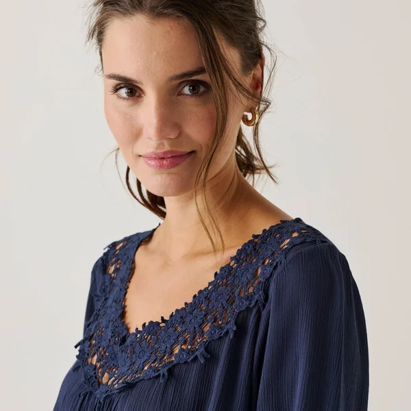 Tunique macramé manches 3/4, crépon, marine