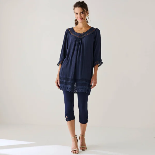 Tunique macramé manches 3/4, crépon, marine