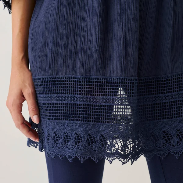 Tunique macramé manches 3/4, crépon, marine