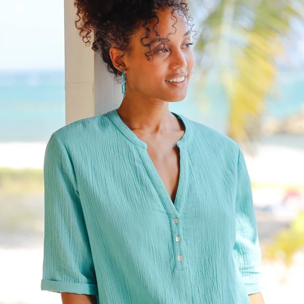 Tunique unie, gaze de coton, bleu lagon
