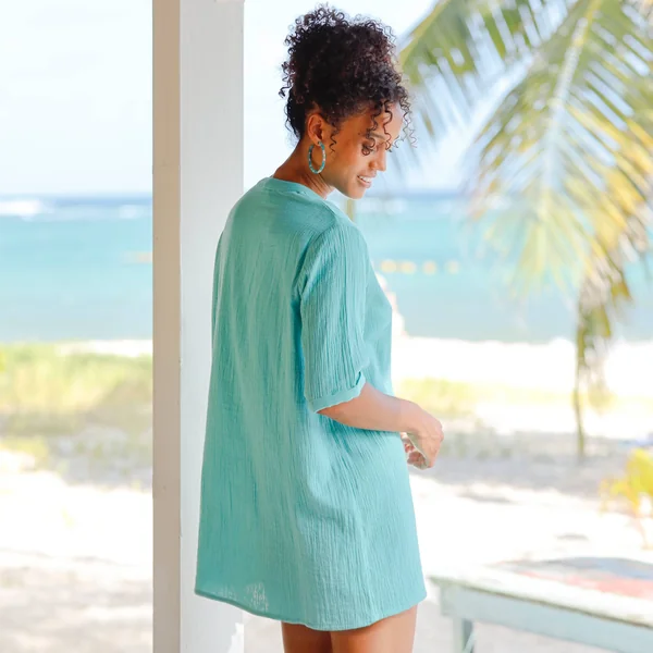 Tunique unie, gaze de coton, bleu lagon