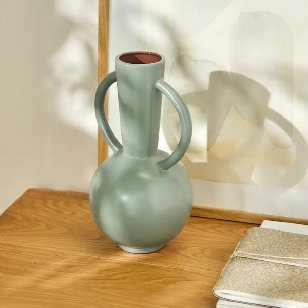 Vase rond céramique, double anses - hauteur 29,5 cm, vert