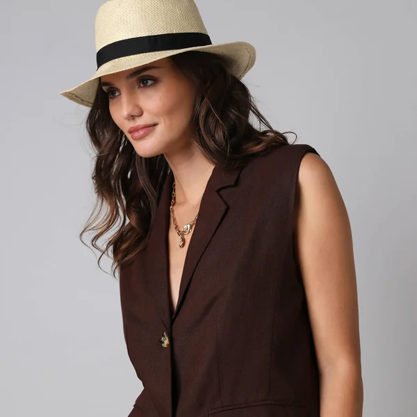 Veste blazer sans manches col tailleur, en viscose-lin, chocolat