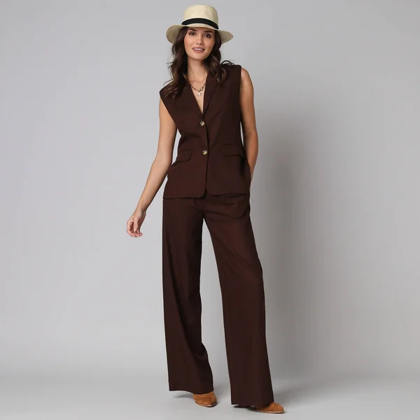 Veste blazer sans manches col tailleur, en viscose-lin, chocolat
