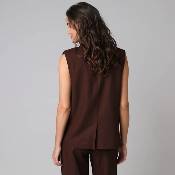 Veste blazer sans manches col tailleur, en viscose-lin, chocolat
