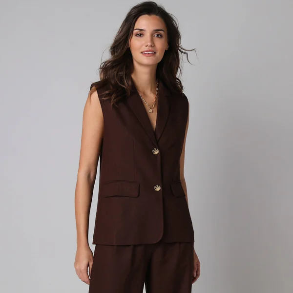 Veste blazer sans manches col tailleur, en viscose-lin, chocolat