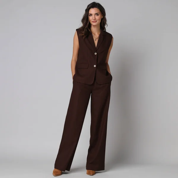 Veste blazer sans manches col tailleur, en viscose-lin, chocolat