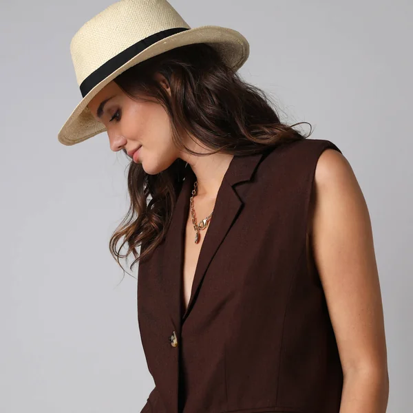 Veste blazer sans manches col tailleur, en viscose-lin, chocolat