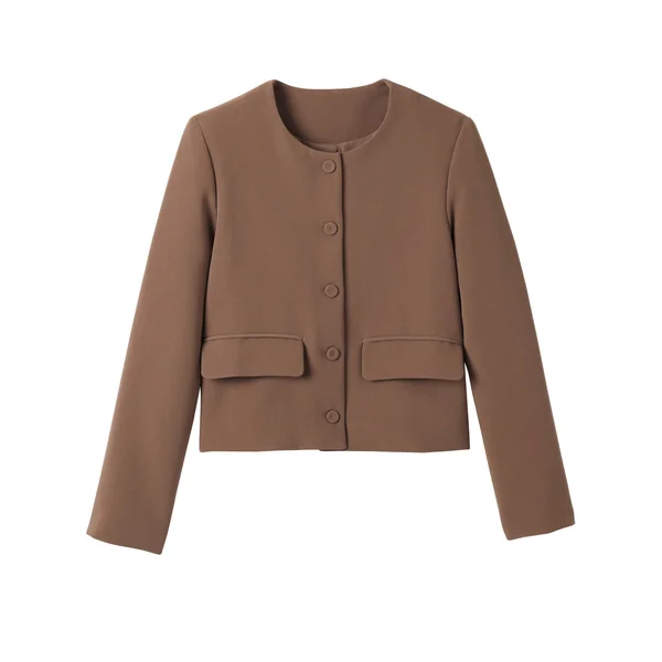 Veste courte de tailleur à col rond, unie, moka