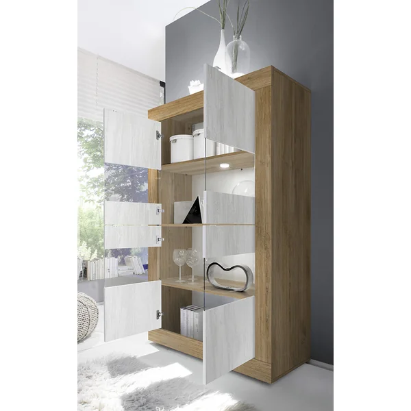 Vitrine moderne 101 cm chêne mercure/blanc structuré Agathe